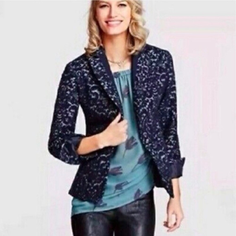 Cabi Navy Blue Jacquard Wool Blend Blazer Style# 109 Women's Size 8